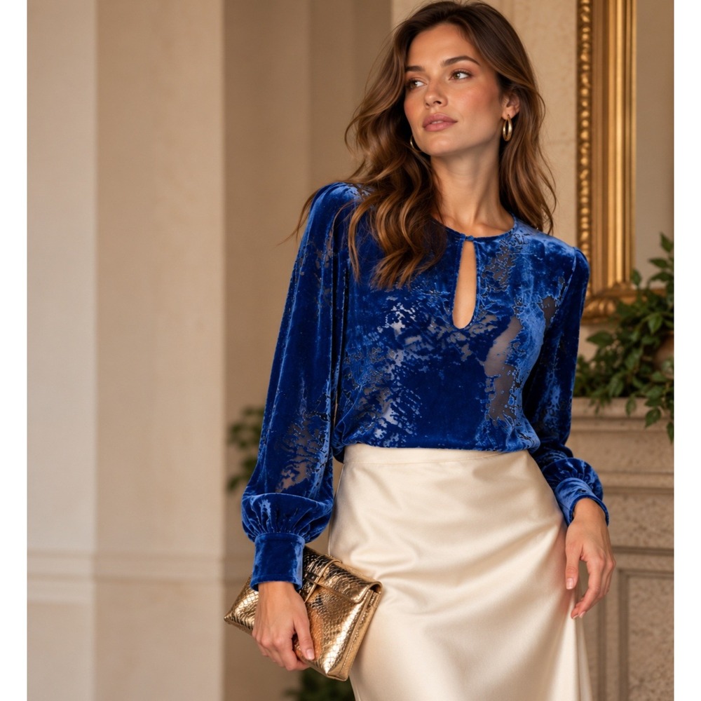 St. Roche Blue Burnout Velvet Blouse Sheer Devoré Keyhole Long Sleeve Y2K Boho M